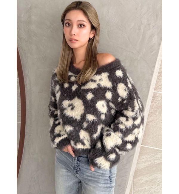 GYDA「レオパードショートシャギーニットトップス」|ニット・セーター|チャコールグレー