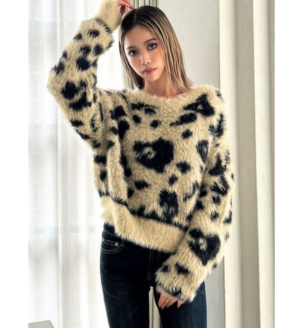 GYDA「レオパードショートシャギーニットトップス」|ニット・セーター|ベージュ