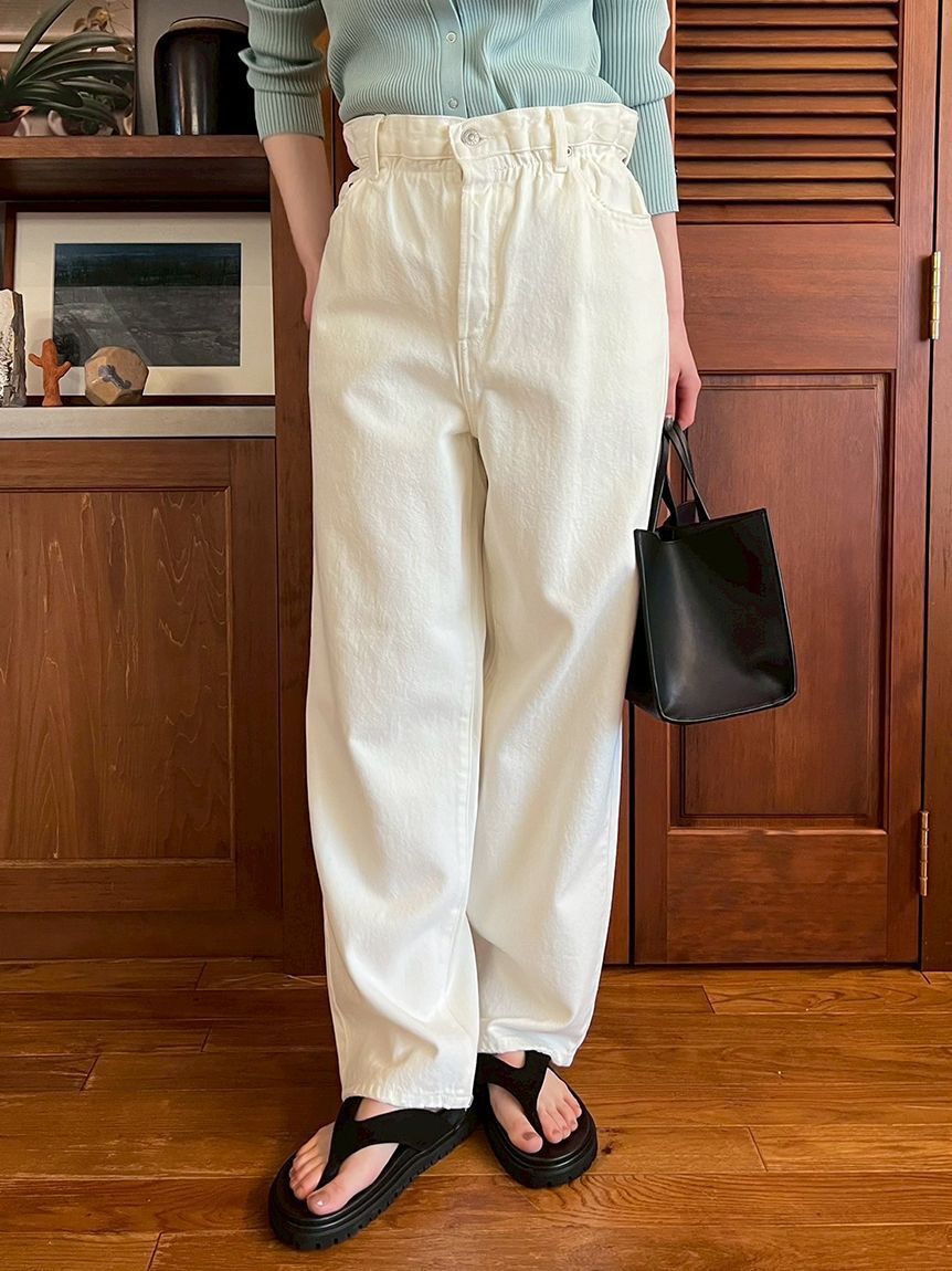 Mila Owen「【ウォッシャブル】ウエストゴムギャザーデニムパンツ」|デニム|WHT