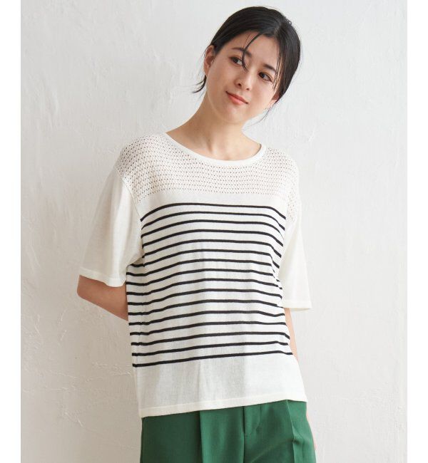 ikka「透かし編み切り替えニットプルオーバー」|プルオーバー|オフホワイト