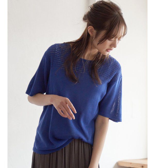 ikka「透かし編み切り替えニットプルオーバー」|プルオーバー|