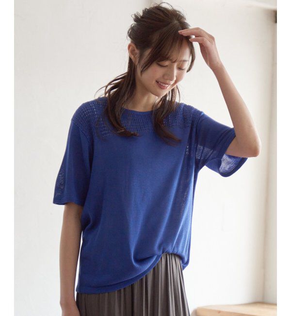 ikka「透かし編み切り替えニットプルオーバー」|プルオーバー|