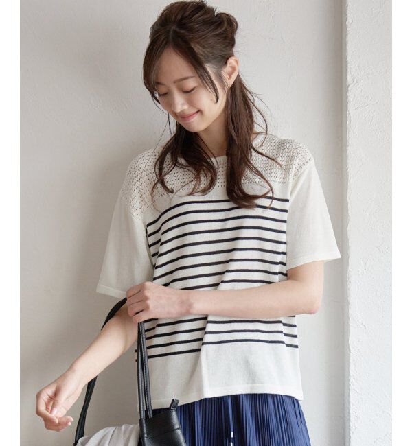 ikka「透かし編み切り替えニットプルオーバー」|プルオーバー|