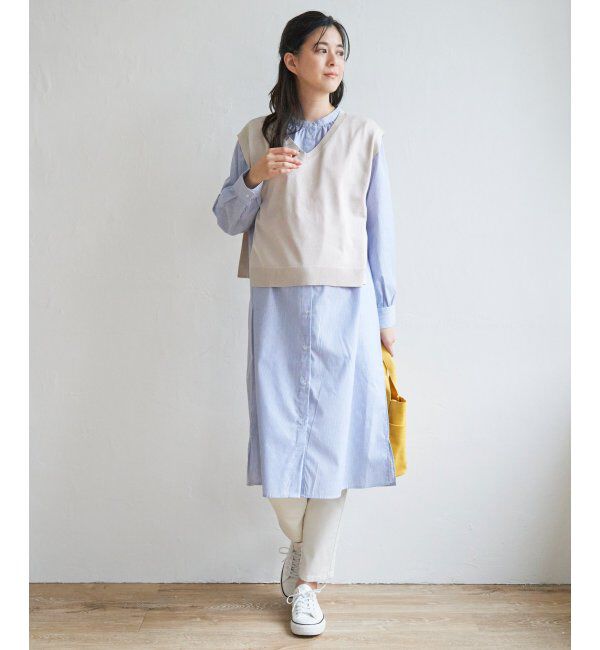 ikka「【2点セット】ニットベストシャツワンピセット」|ワンピース|ベージュ
