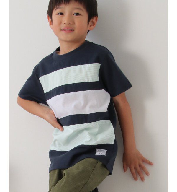 ikka kids「布帛ボーダー切り替えTシャツ（120~160cm）」|Tシャツ・カットソー|ネイビー