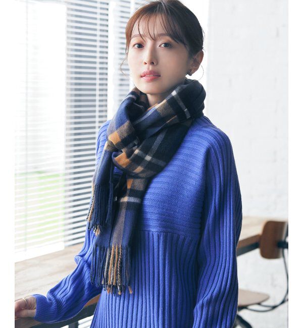 ikka「カシミヤタッチチェックマフラー」|マフラー|ネイビーブルー