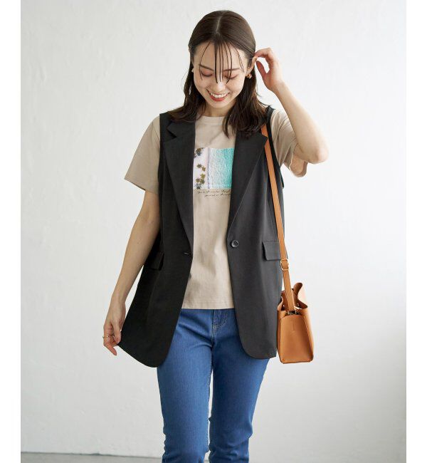 ikka「リネンライクテーラードジレ」|ダウンベスト・ベスト|ブラック