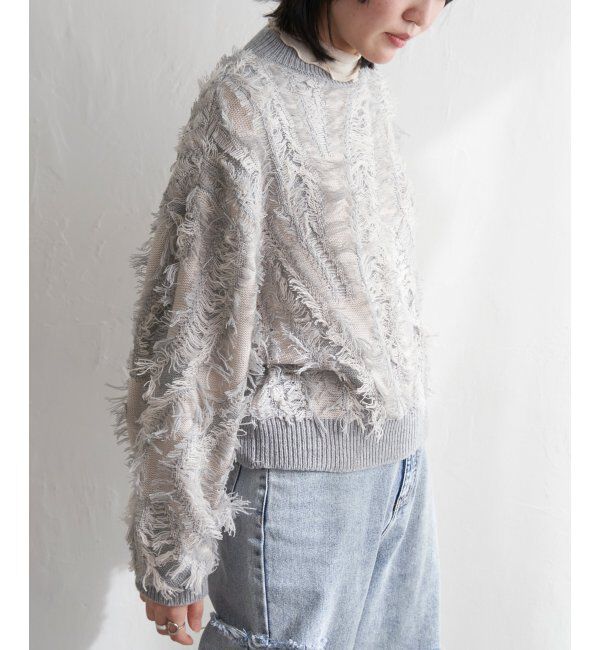 VENCE share style「ミックスフリンジプルオーバー」|ニット・セーター|グレイ
