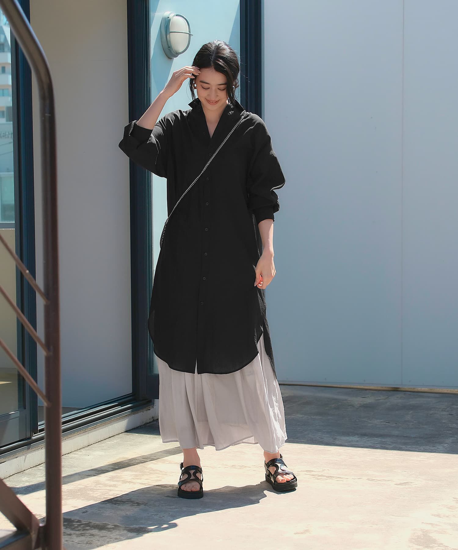 STYLE DELI「微シアー＆微光沢シワ加工シャツワンピース」|ワンピース|ブラック