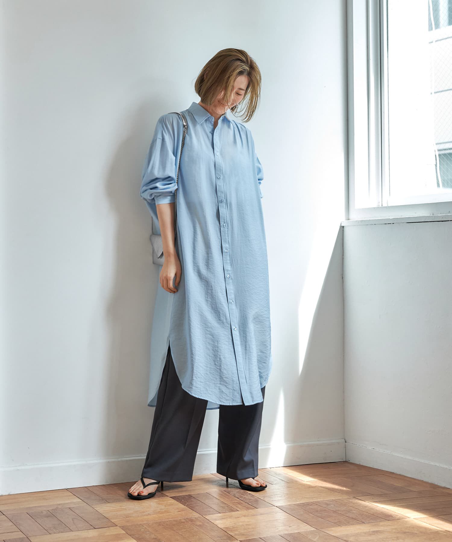 STYLE DELI「微シアー＆微光沢シワ加工シャツワンピース」|ワンピース|アクアブルー