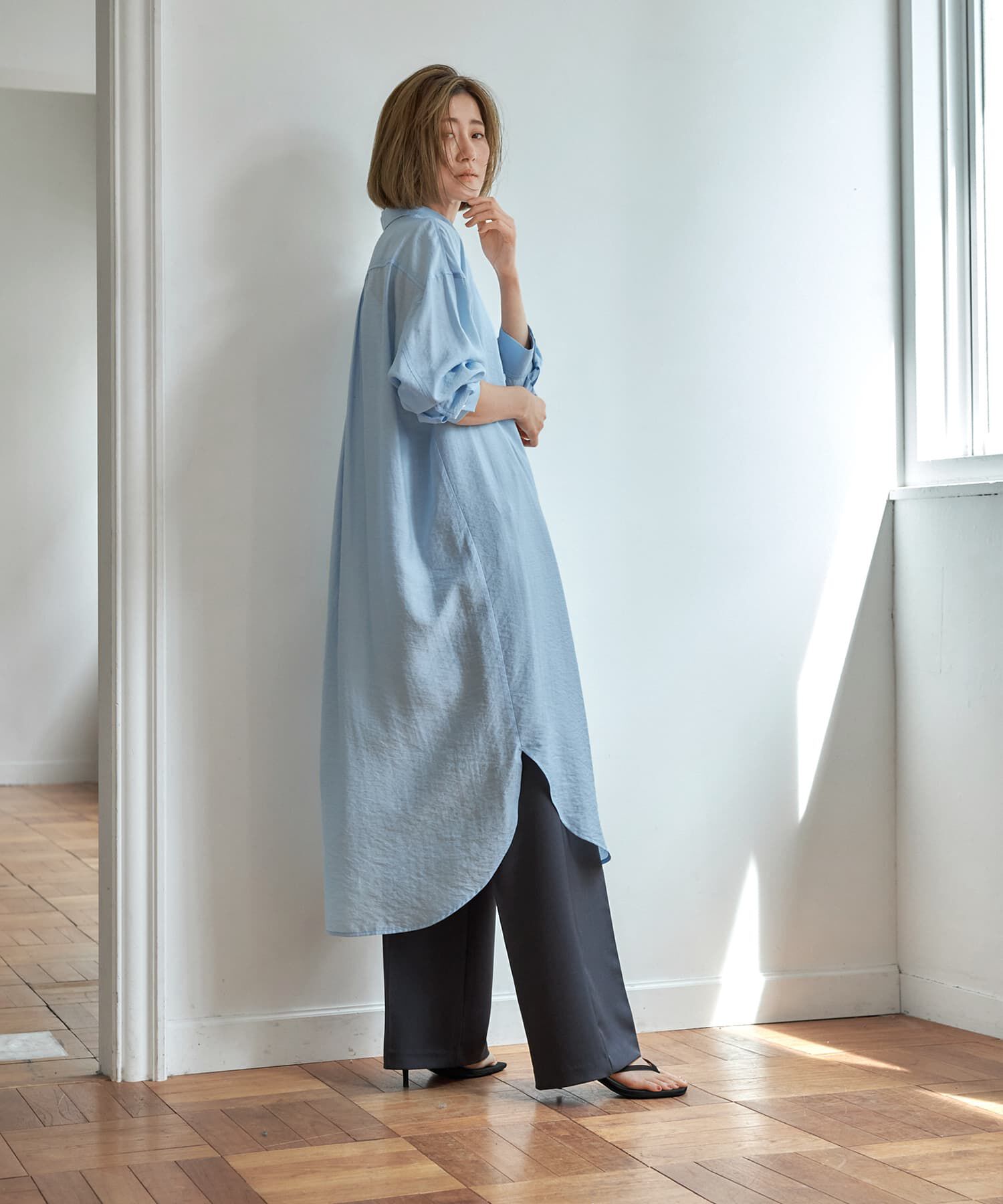 STYLE DELI「微シアー＆微光沢シワ加工シャツワンピース」|ワンピース|