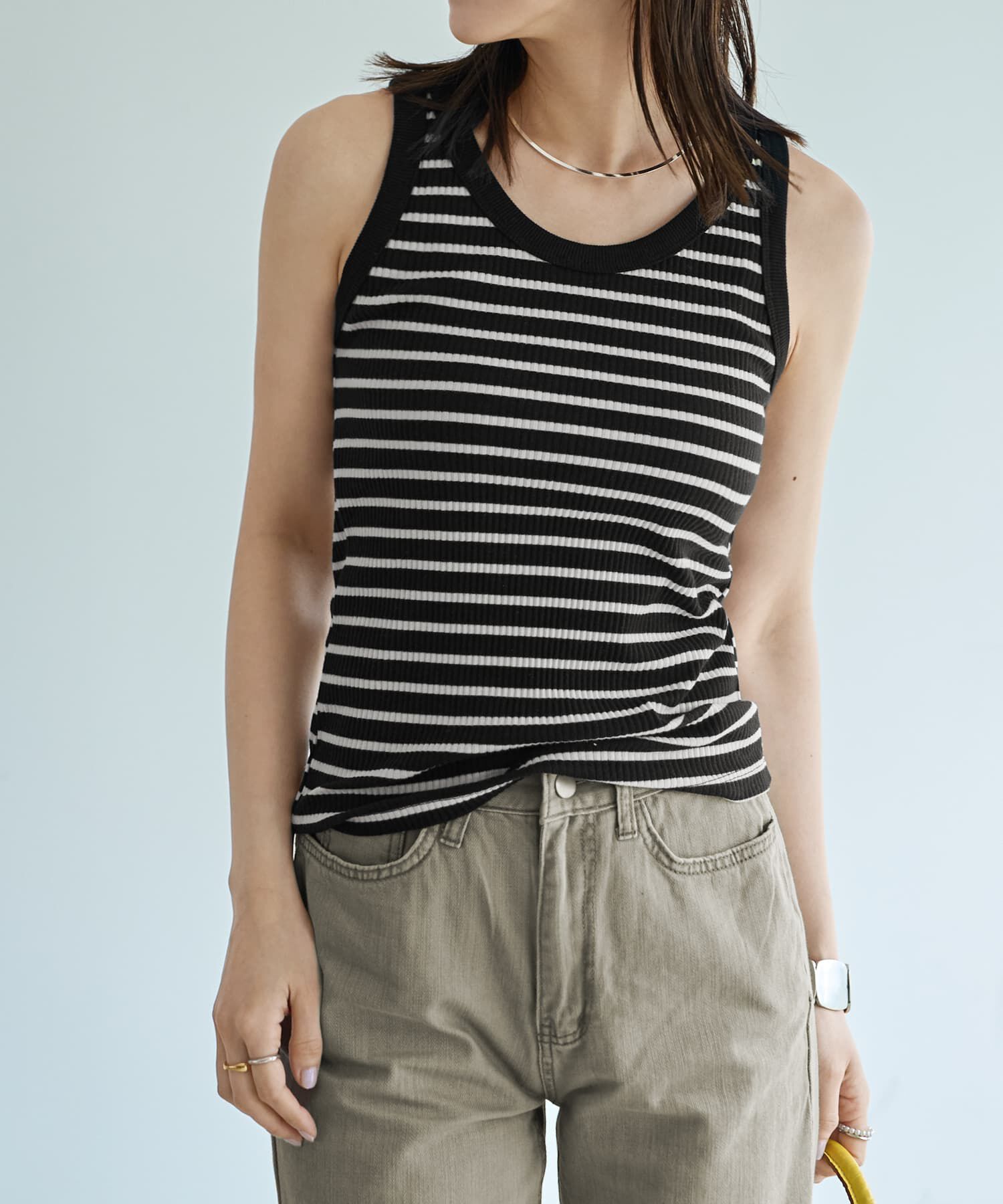 STYLE DELI「トリミングボーダーのリブ生地タンクトップ」|タンクトップ|ブラック