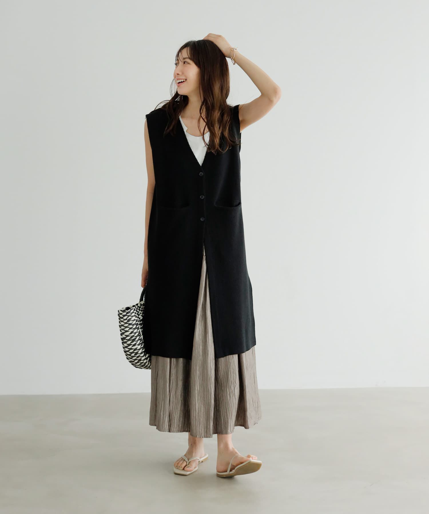 STYLE DELI「片畦編みサマーニットロングベスト」|ベスト・ジレ|