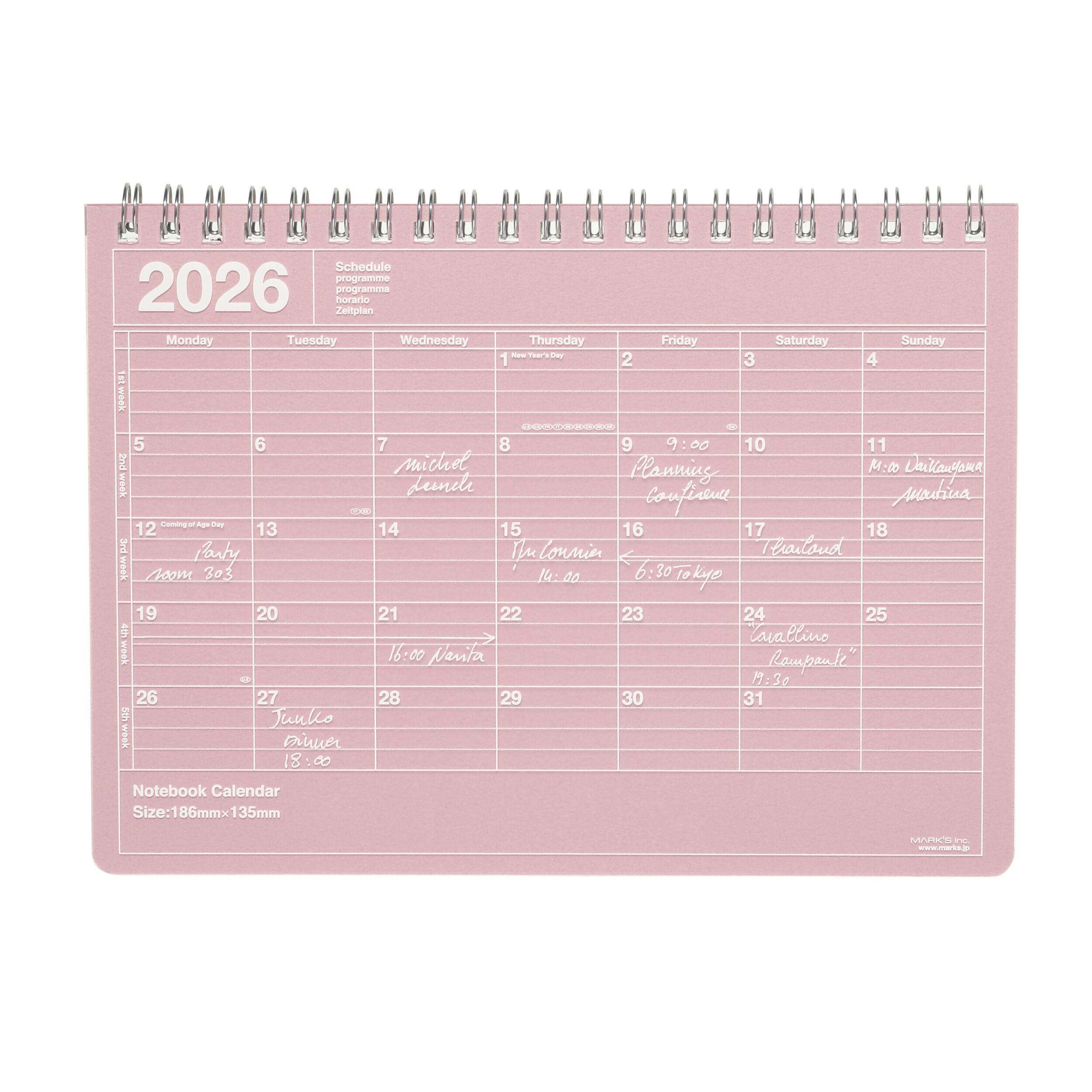  「2026 スケジュール帳 2026年1月始まり 月間ブロック B6変型 ノートブックカレンダー・S」|ステーショナリー|ピンク