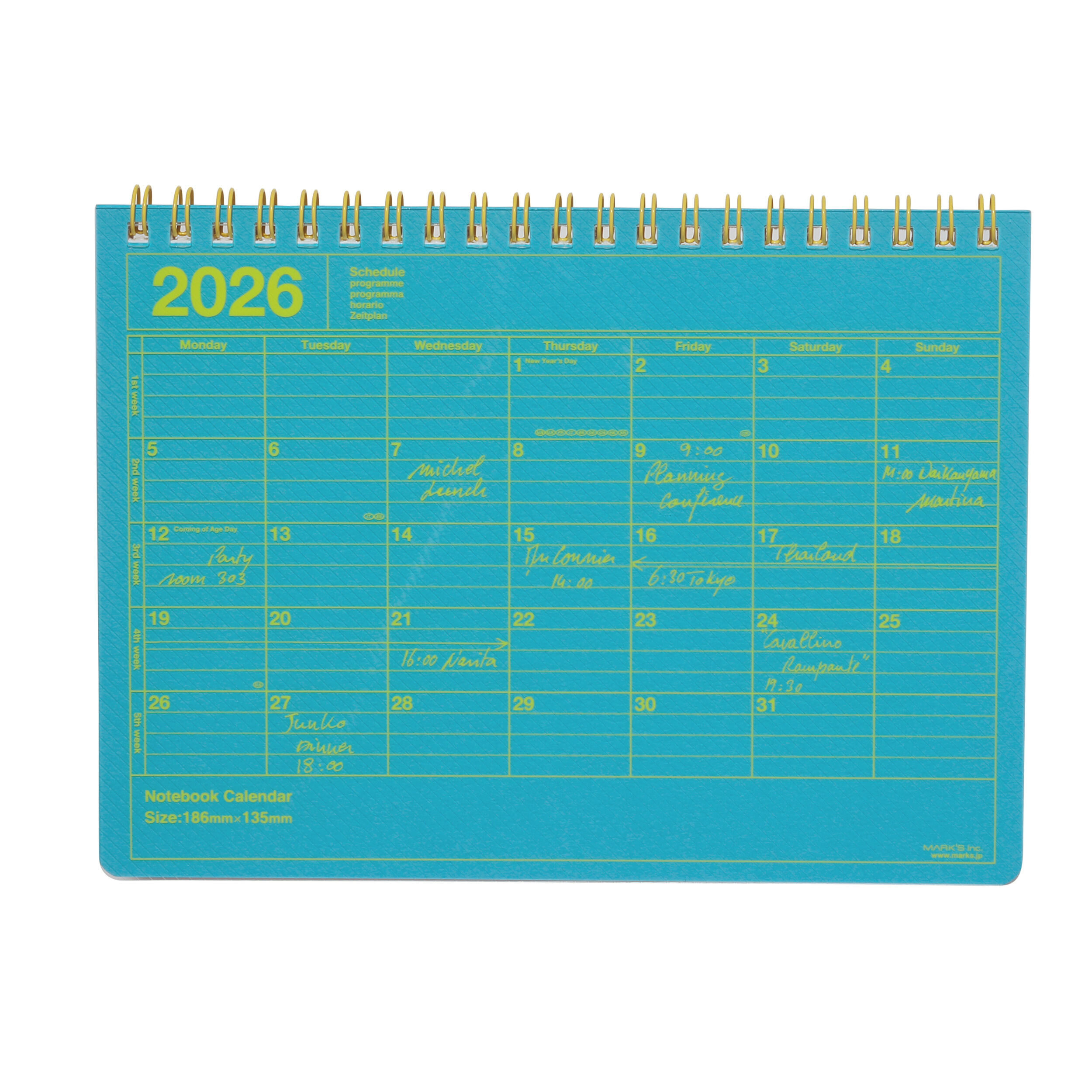  「2026 スケジュール帳 2026年1月始まり 月間ブロック B6変型 ノートブックカレンダー・S」|ステーショナリー|ネオンブルー