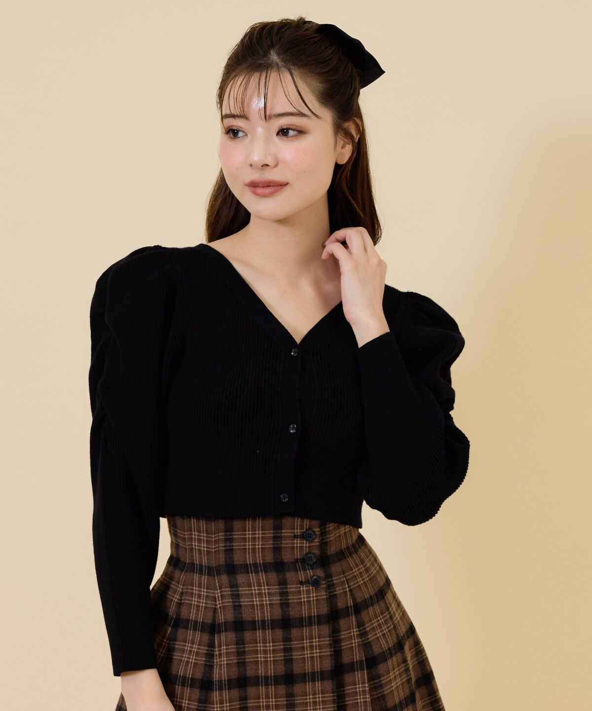 REDYAZEL「ボリュームショルダーリブカーディガン」|カーディガン|ブラック