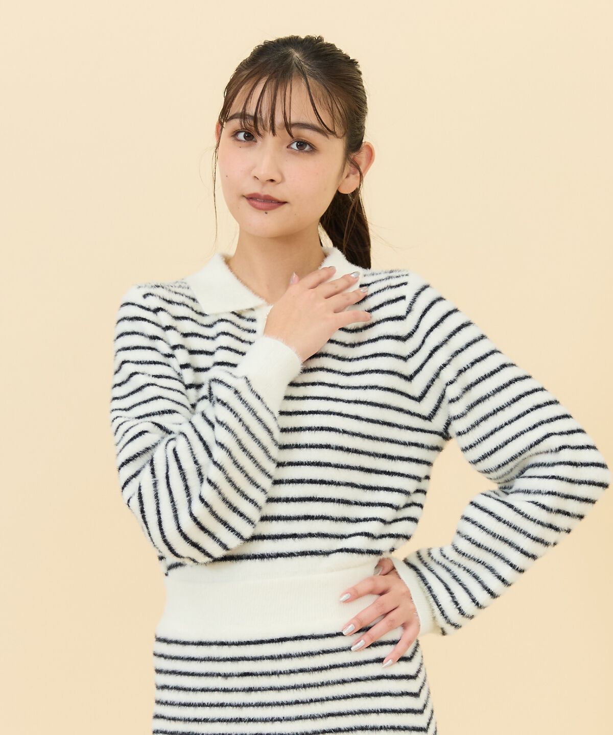 REDYAZEL「シャギーポロニットトップス」|ニット・セーター|black/borderｽﾄﾗｲﾌﾟ