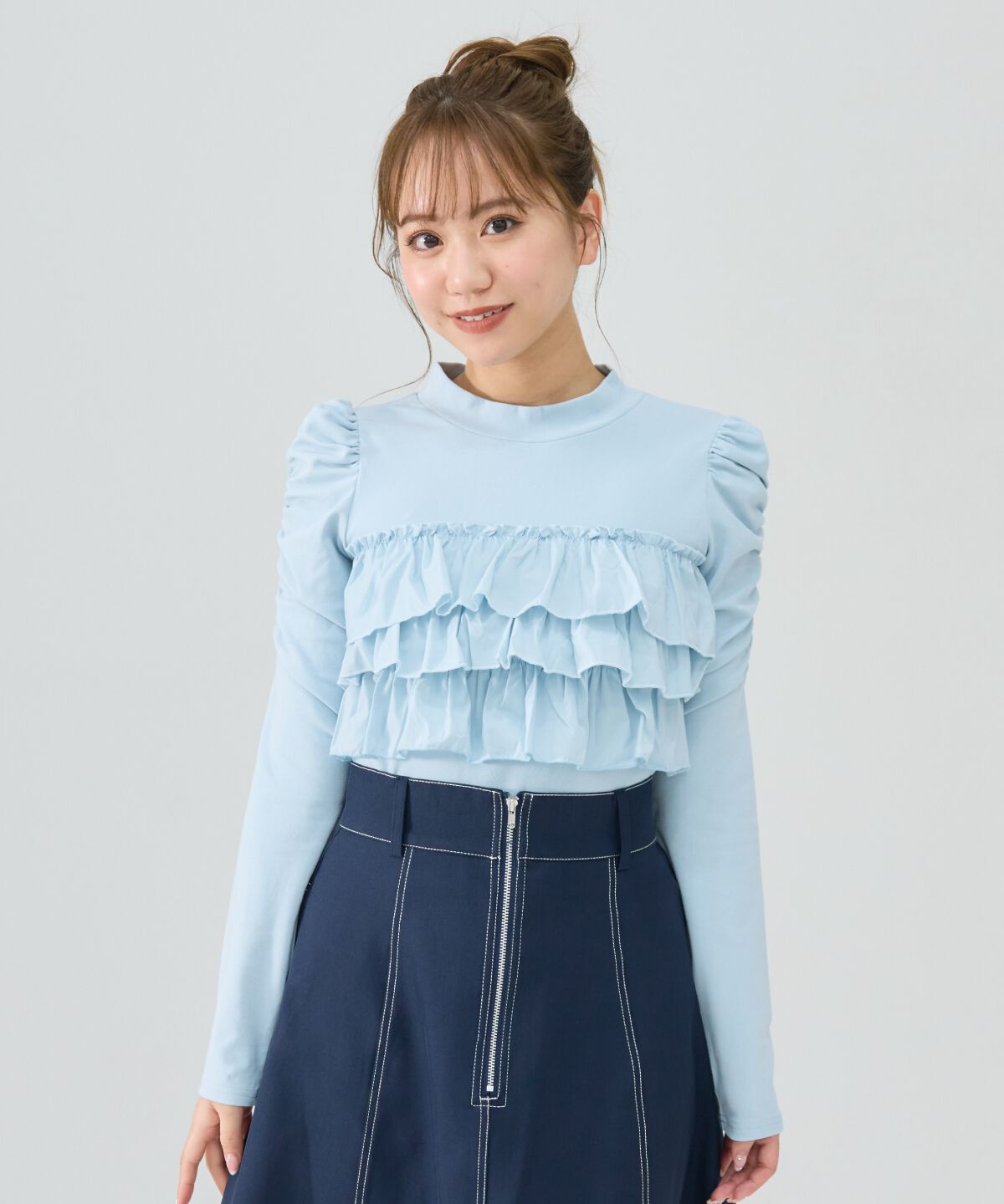 REDYAZEL「異素材フリルトップス」|Tシャツ・カットソー|ブルー