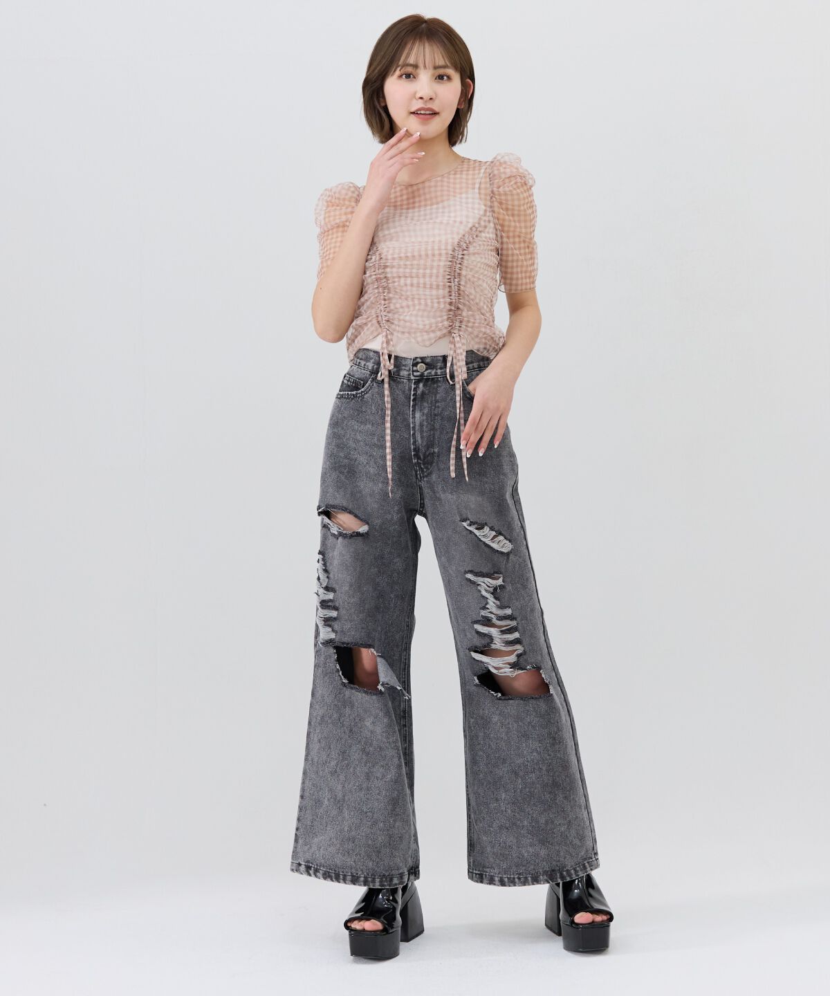 REDYAZEL「ダメージワイドデニムパンツ」|その他|ブラック