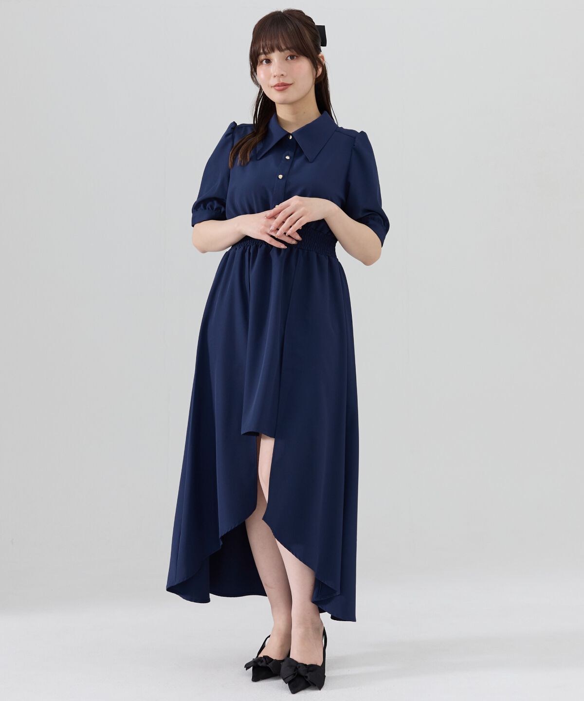 REDYAZEL「ウエストシャーリングシャツワンピース」|ワンピース|ネイビー