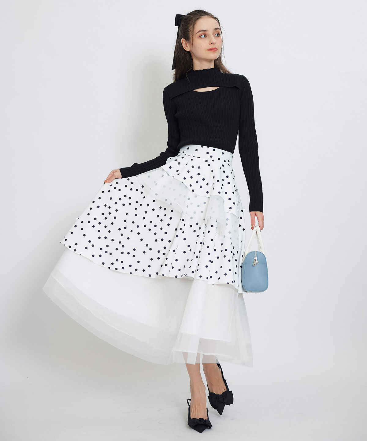 REDYAZEL「ドットチュールティアードロングスカート」|フレア|