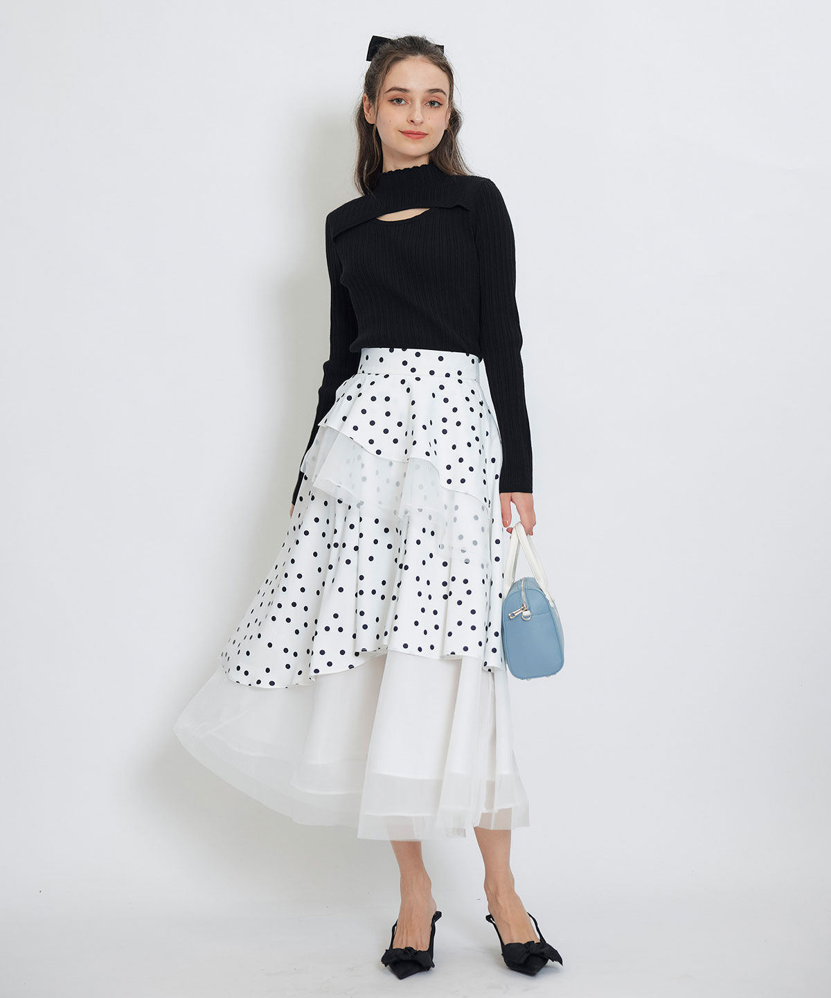 REDYAZEL「ドットチュールティアードロングスカート」|フレア|