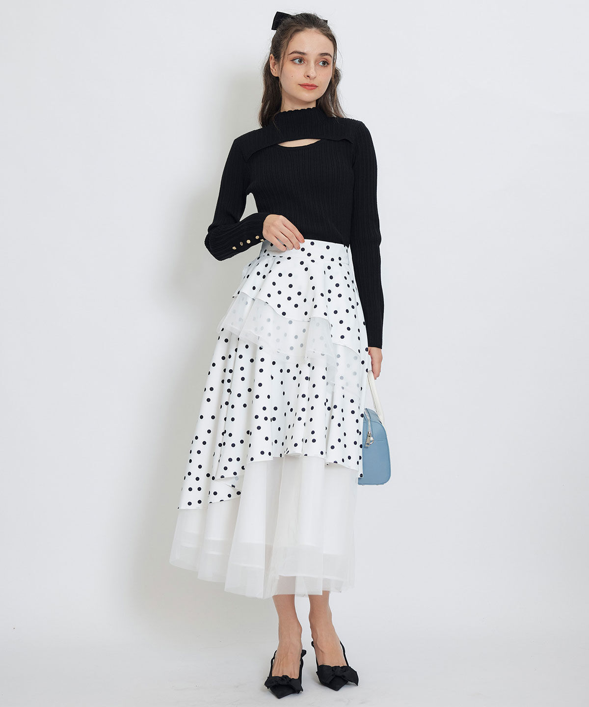 REDYAZEL「ドットチュールティアードロングスカート」|フレア|