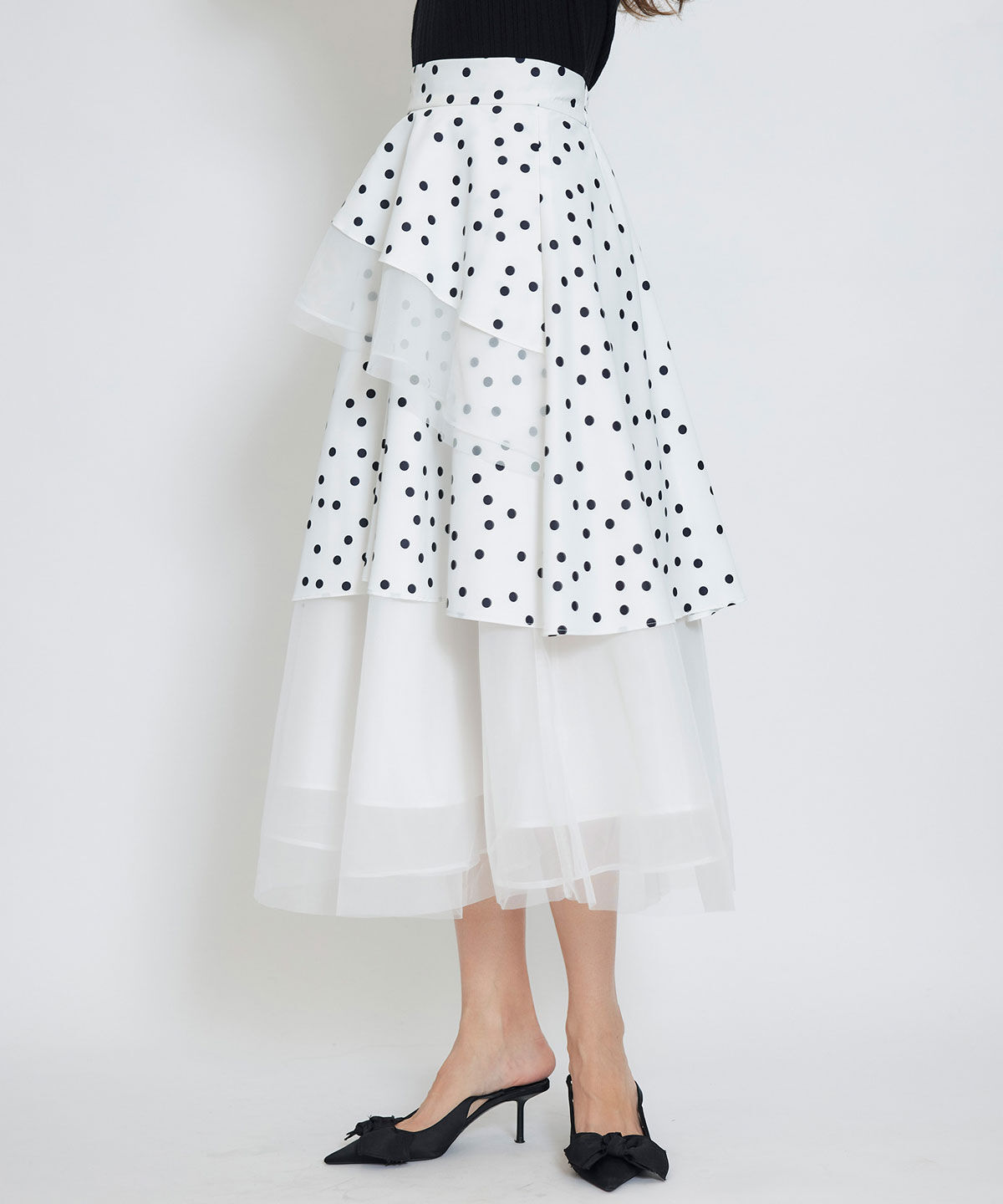REDYAZEL「ドットチュールティアードロングスカート」|フレア|