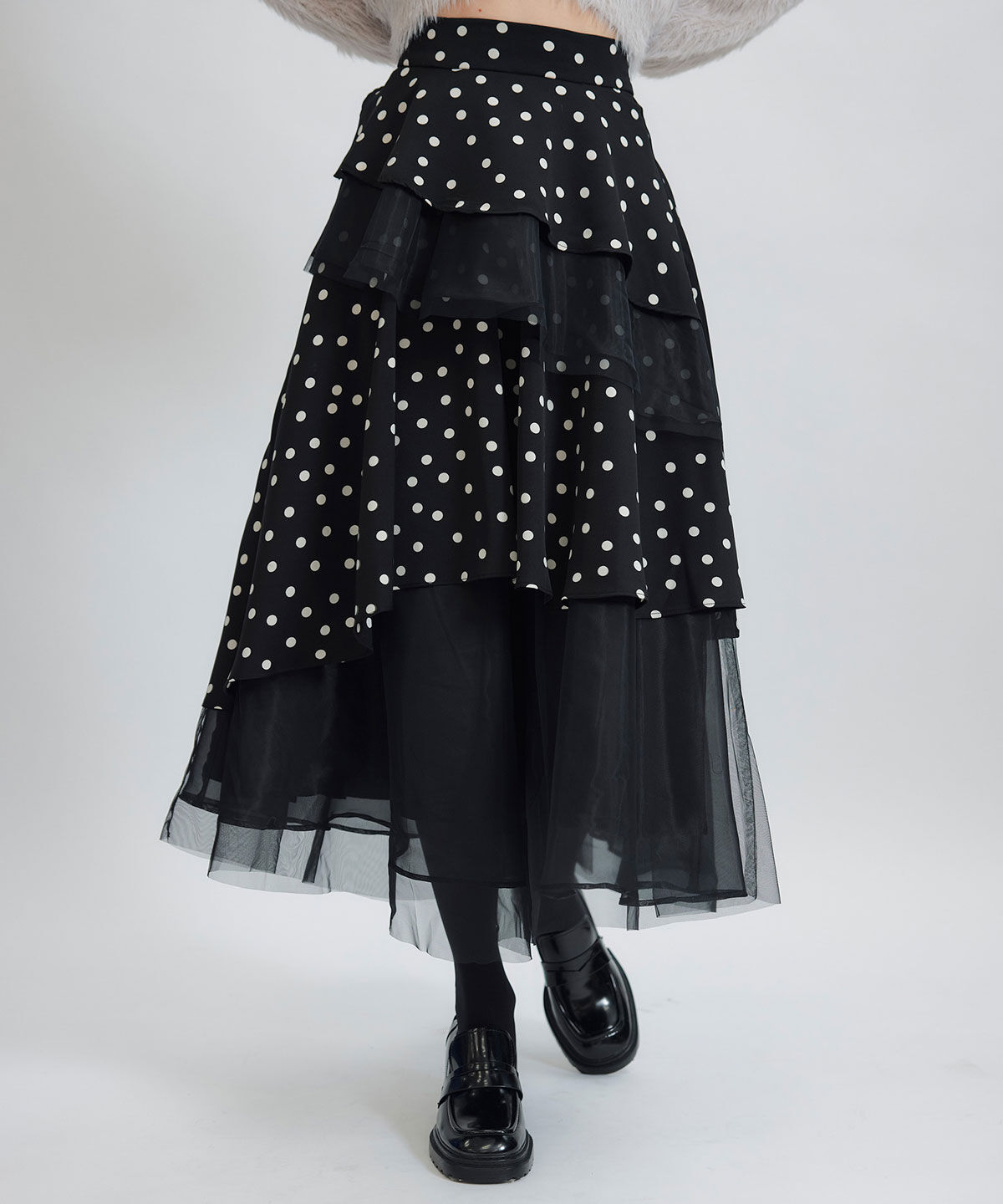 REDYAZEL「ドットチュールティアードロングスカート」|フレア|ブラック