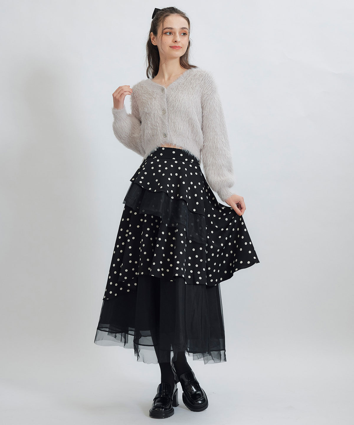 REDYAZEL「ドットチュールティアードロングスカート」|フレア|