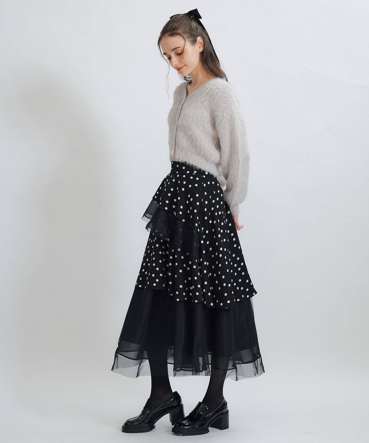 REDYAZEL「ドットチュールティアードロングスカート」|フレア|