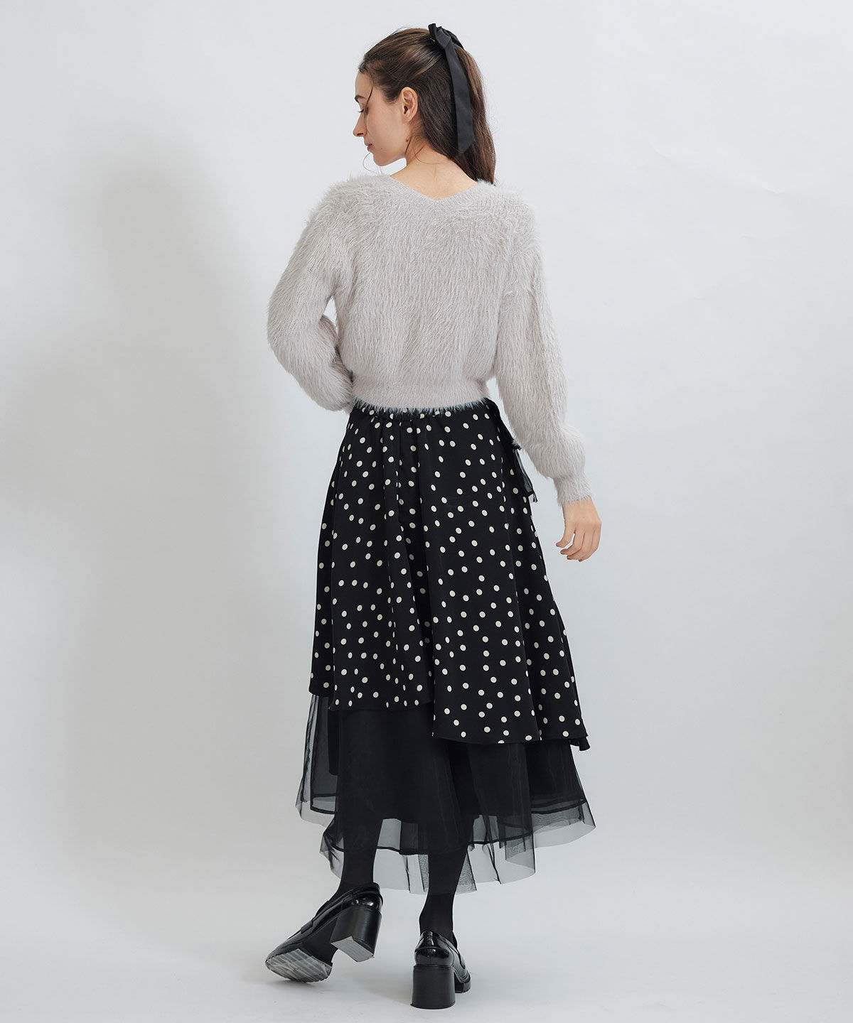 REDYAZEL「ドットチュールティアードロングスカート」|フレア|
