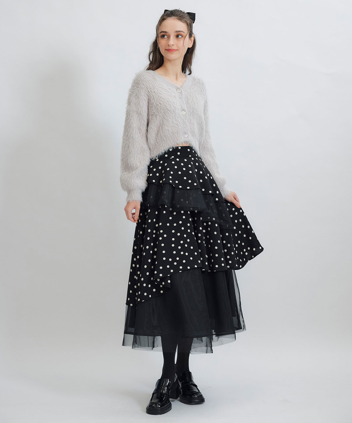 REDYAZEL「ドットチュールティアードロングスカート」|フレア|