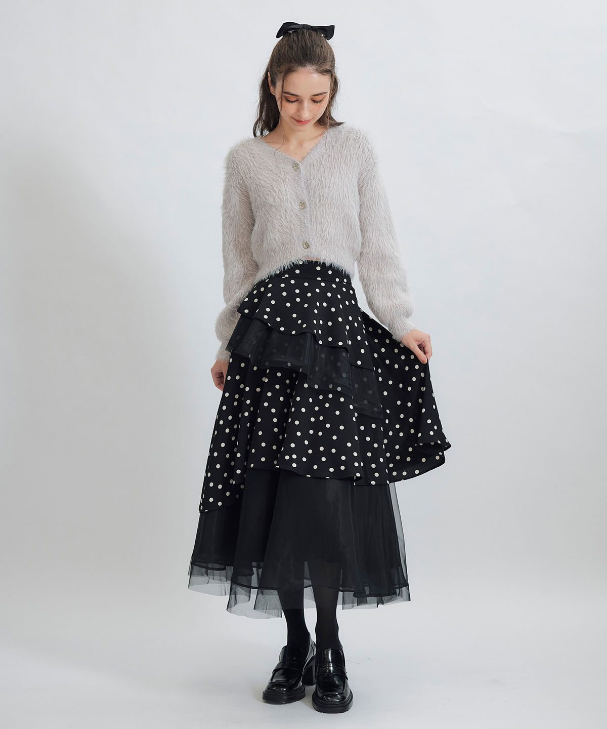 REDYAZEL「ドットチュールティアードロングスカート」|フレア|