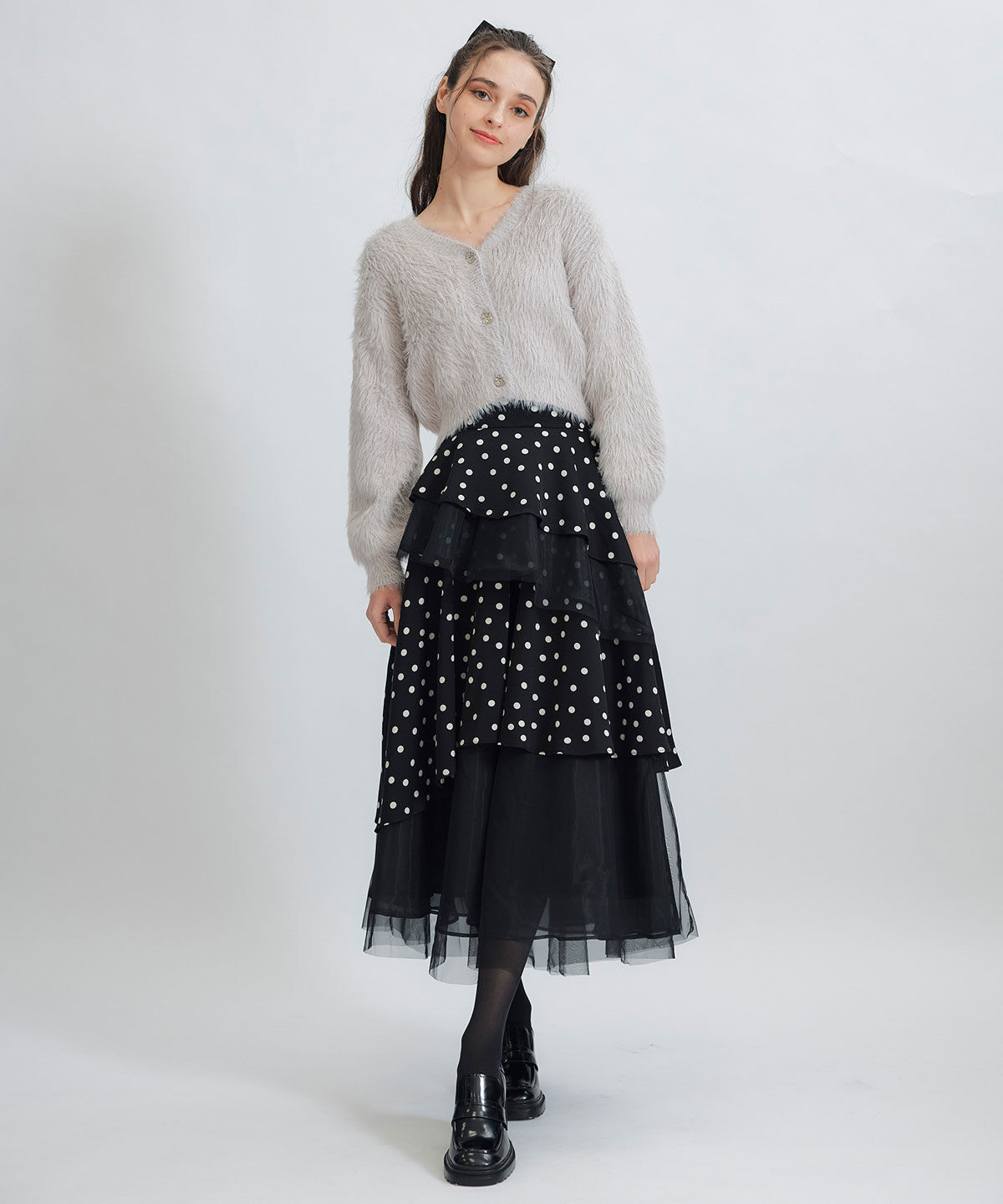 REDYAZEL「ドットチュールティアードロングスカート」|フレア|