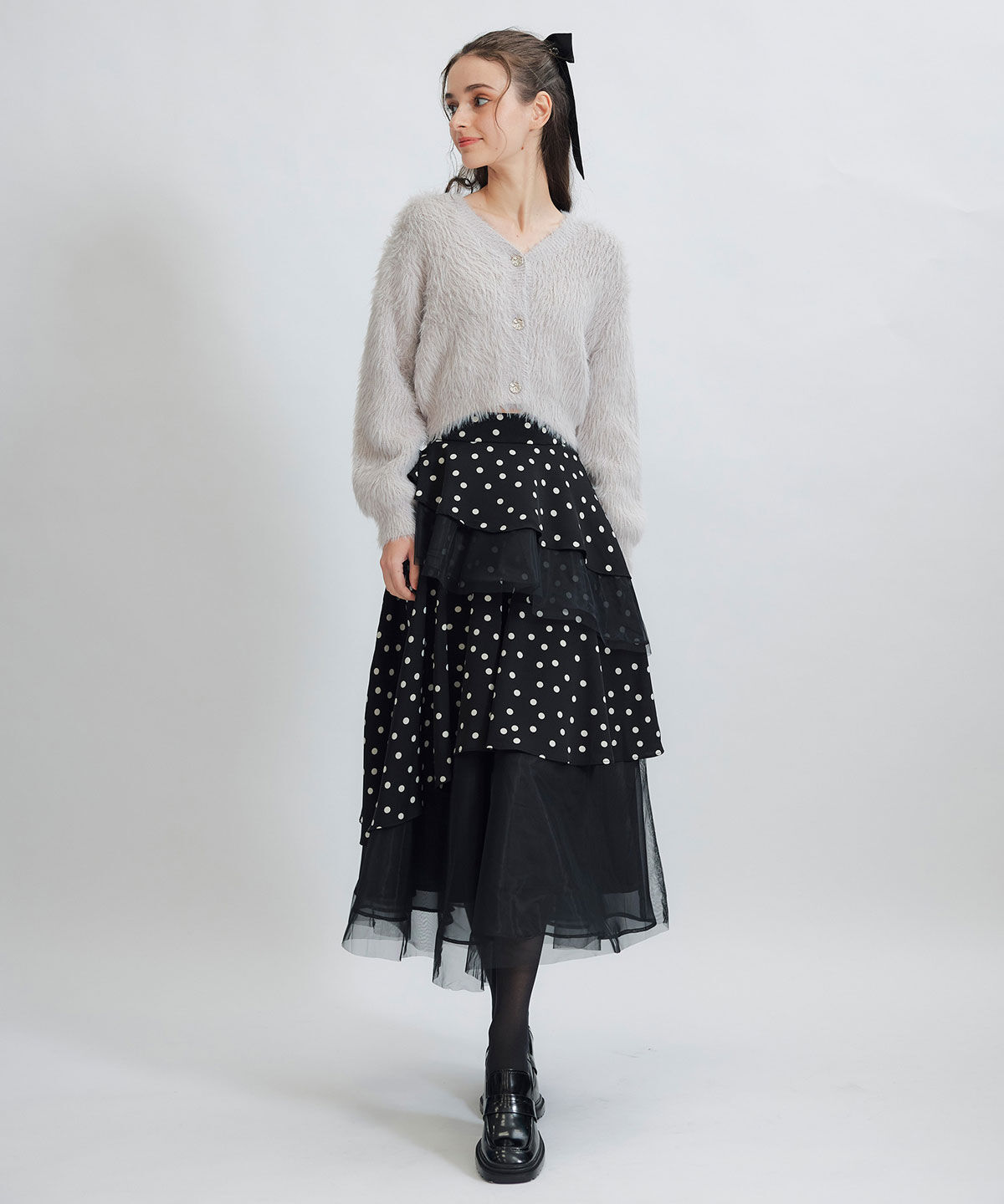 REDYAZEL「ドットチュールティアードロングスカート」|フレア|