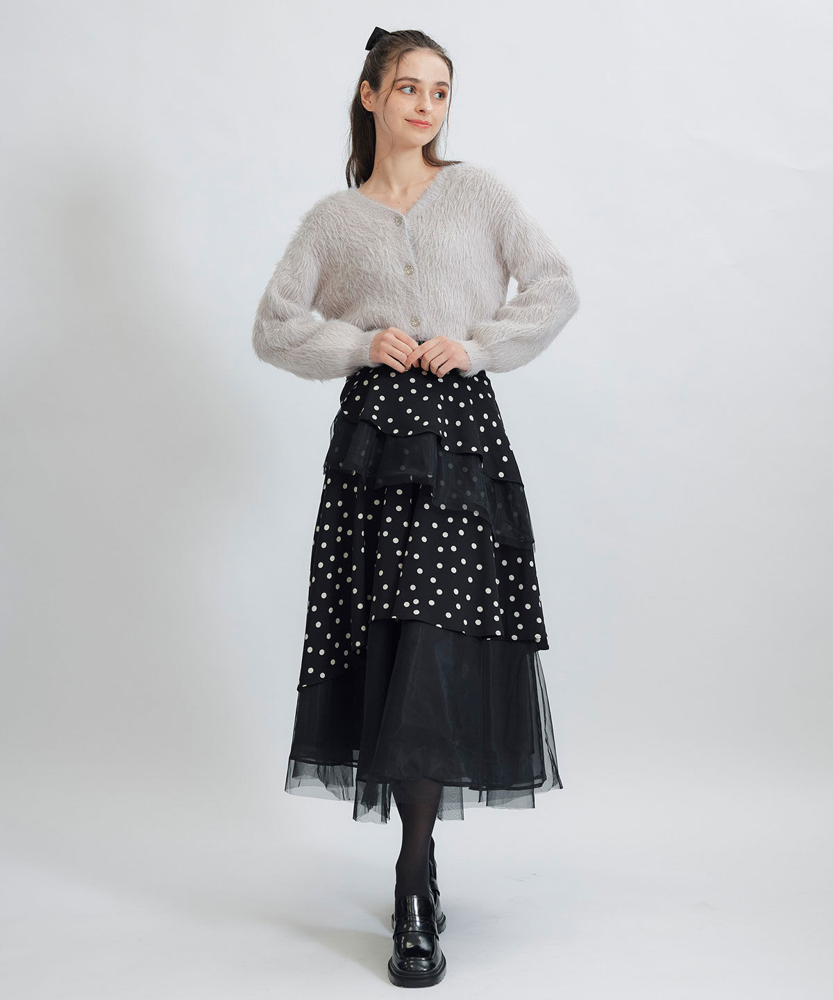 REDYAZEL「ドットチュールティアードロングスカート」|フレア|