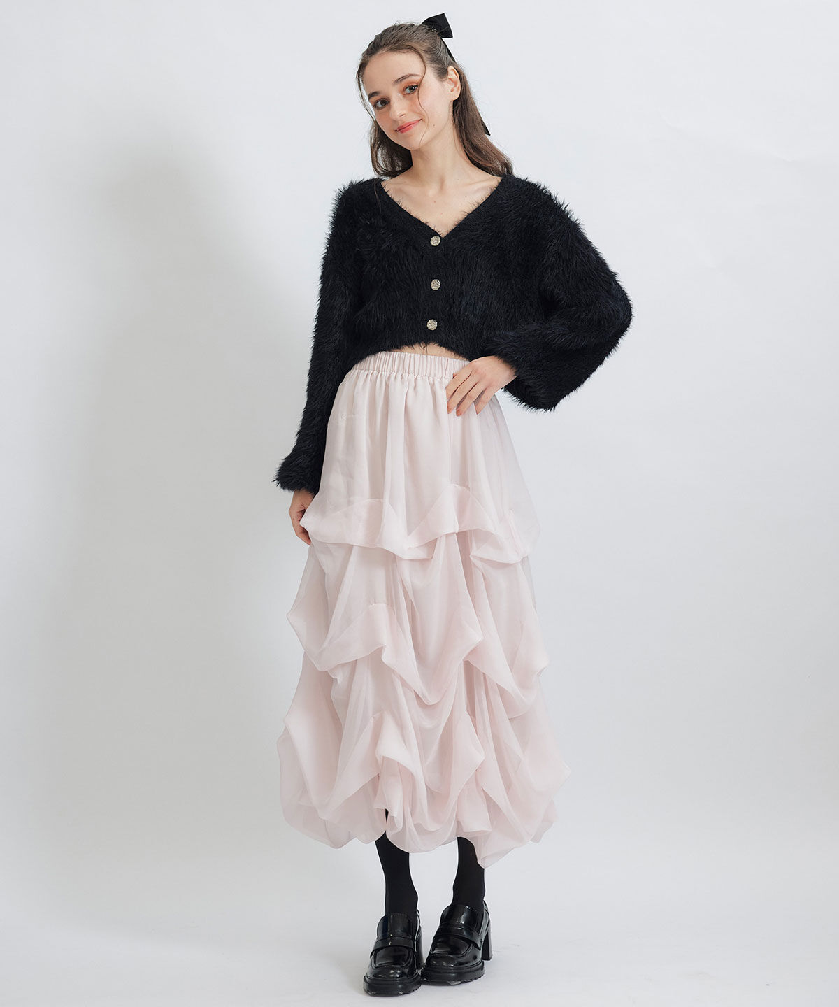 REDYAZEL「タックバルーンボリュームシフォンロングスカート」|フレア|