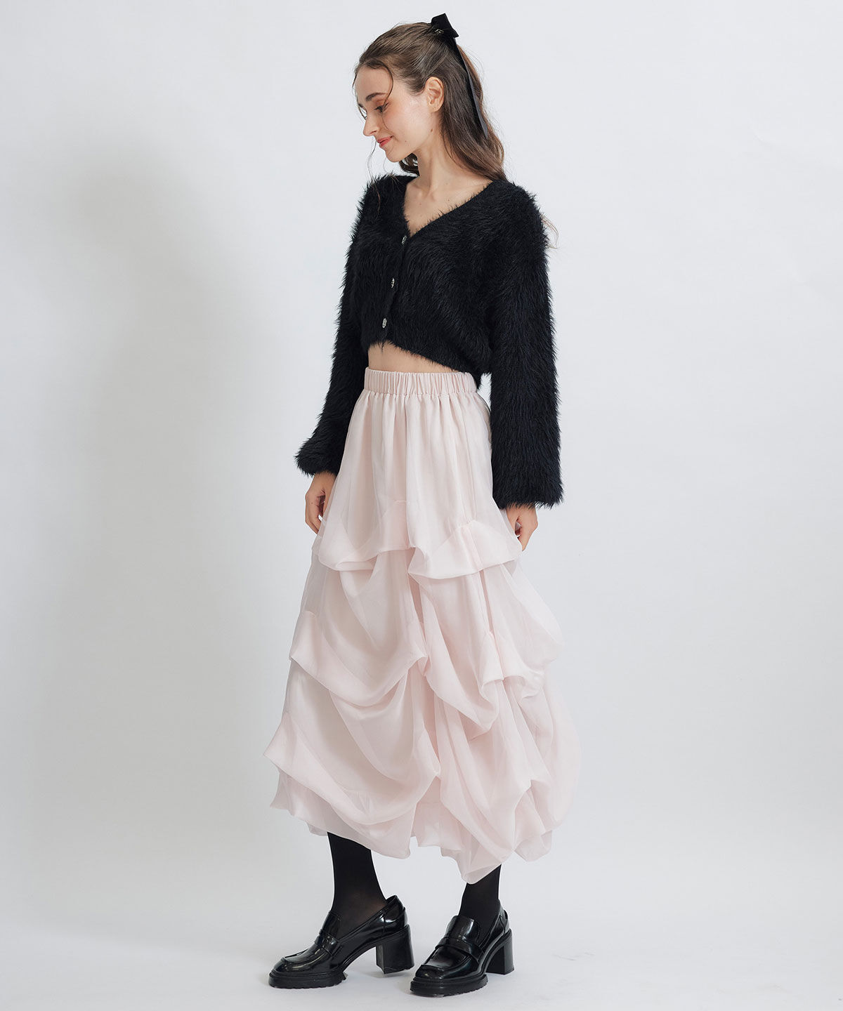 REDYAZEL「タックバルーンボリュームシフォンロングスカート」|フレア|