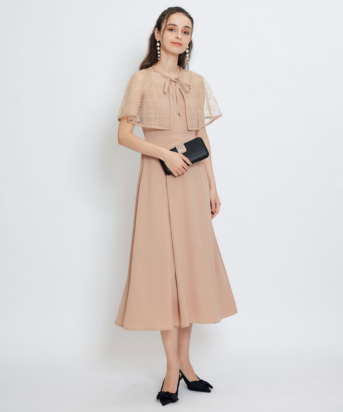 REDYAZEL「チェックシアーチュールケープ&times;キャミソールフレアロングドレス」|ドレス|