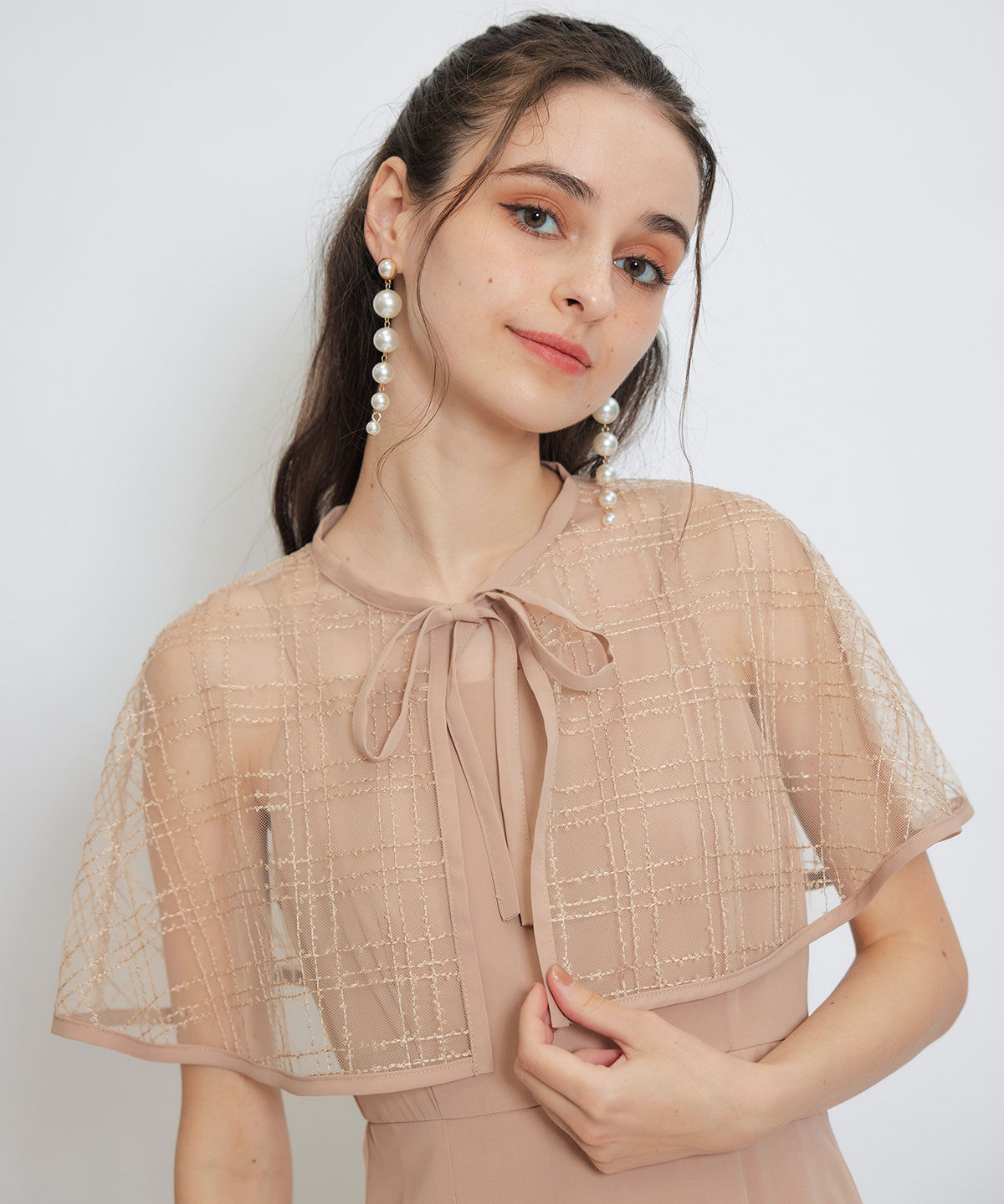 REDYAZEL「チェックシアーチュールケープ&times;キャミソールフレアロングドレス」|ドレス|