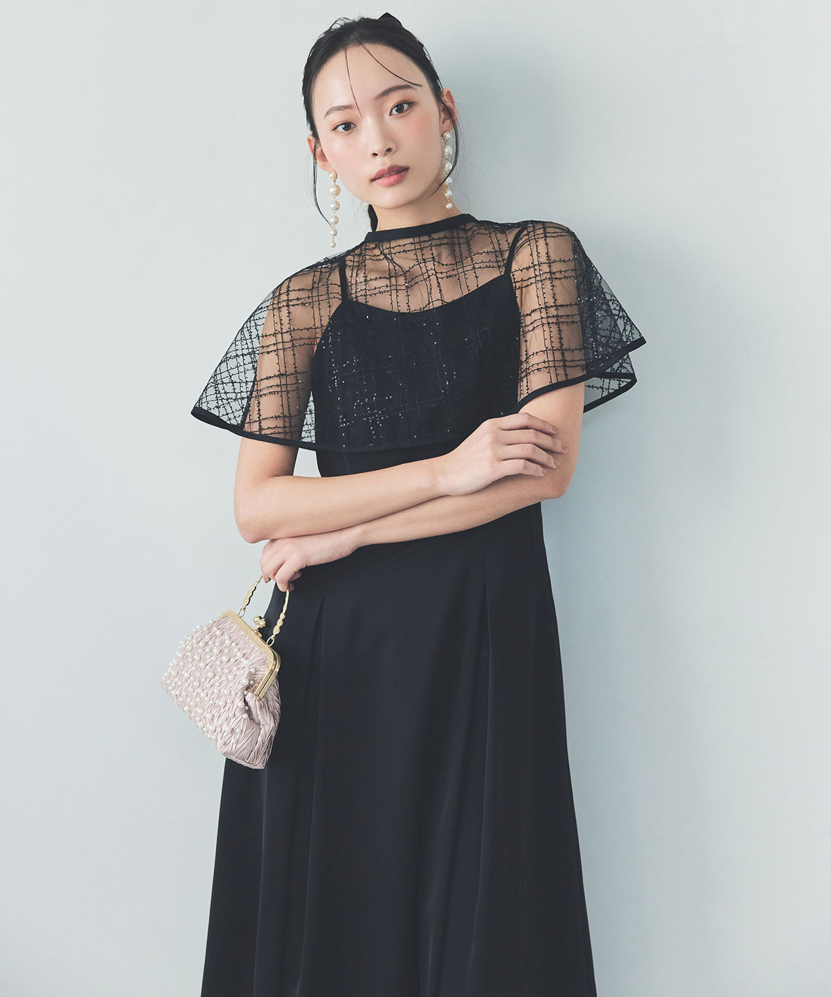 REDYAZEL「チェックシアーチュールケープ&times;キャミソールフレアロングドレス」|ドレス|