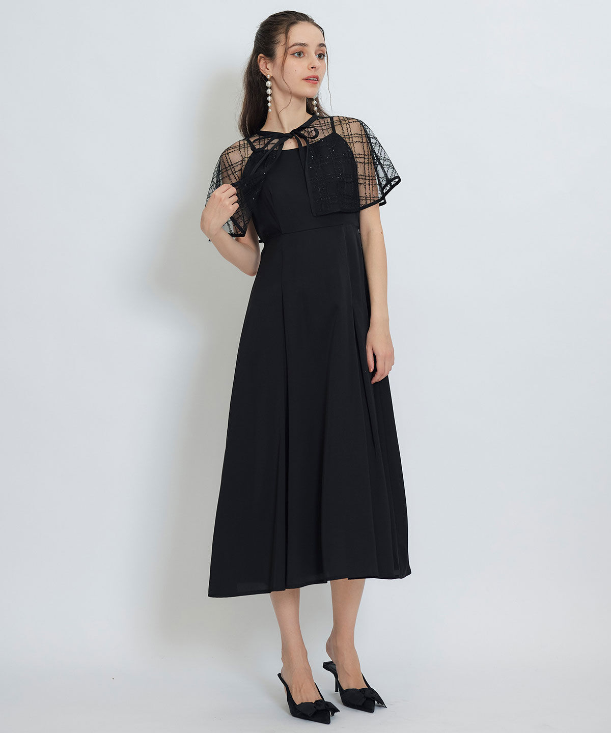 REDYAZEL「チェックシアーチュールケープ&times;キャミソールフレアロングドレス」|ドレス|