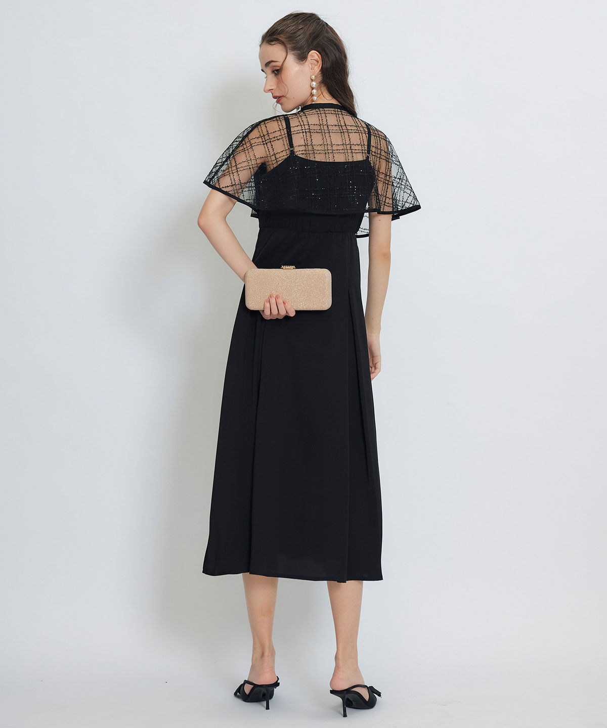 REDYAZEL「チェックシアーチュールケープ&times;キャミソールフレアロングドレス」|ドレス|