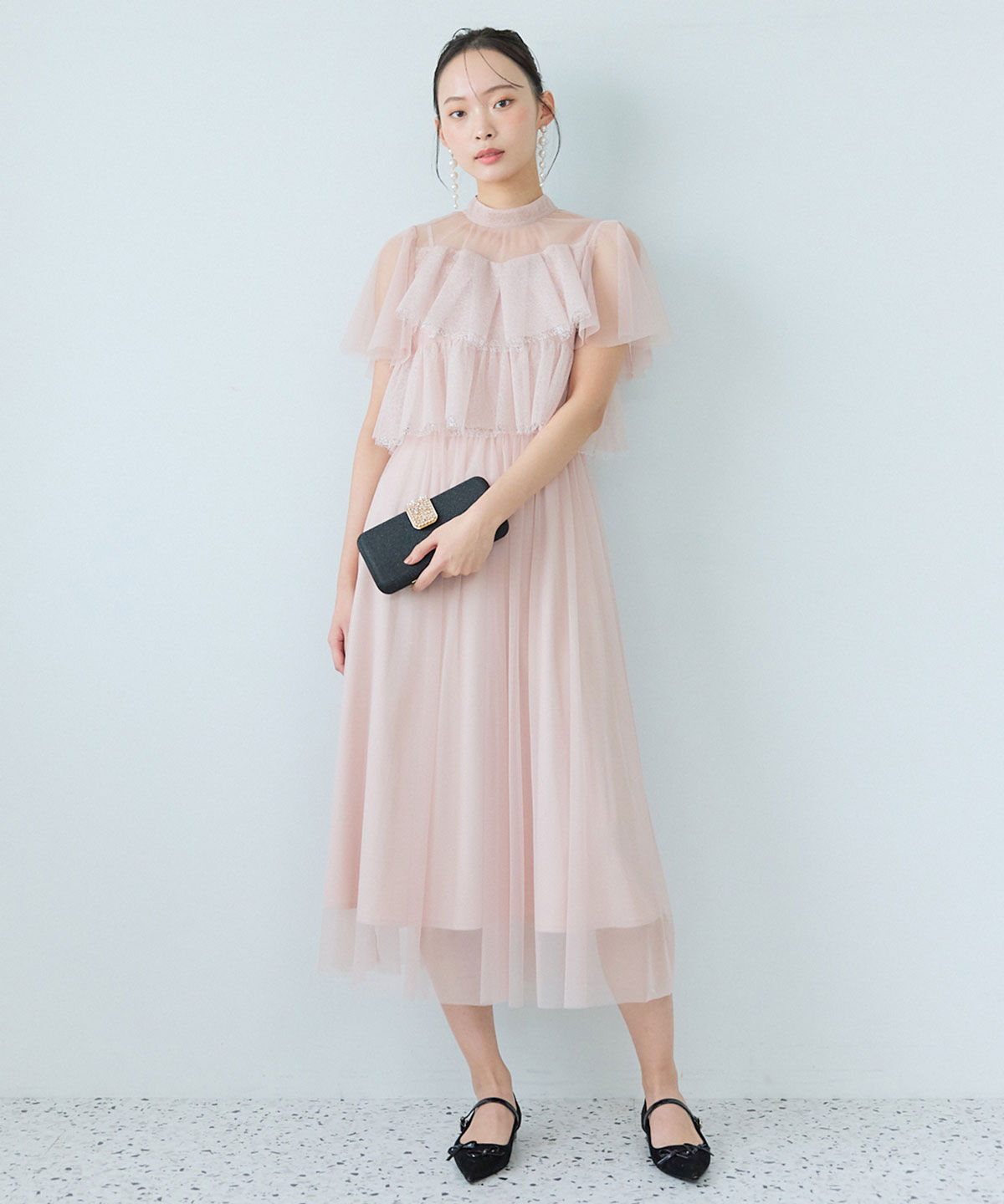 REDYAZEL「チュールレースティアードトップス&times;キャミソールフレアロングドレス」|ドレス|ピンク