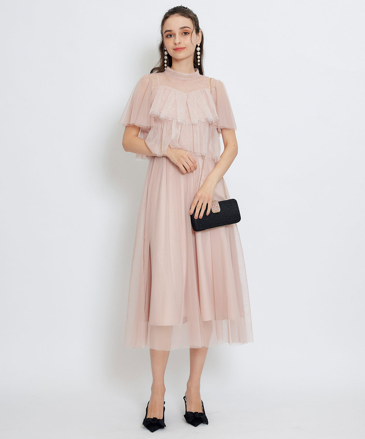 REDYAZEL「チュールレースティアードトップス&times;キャミソールフレアロングドレス」|ドレス|