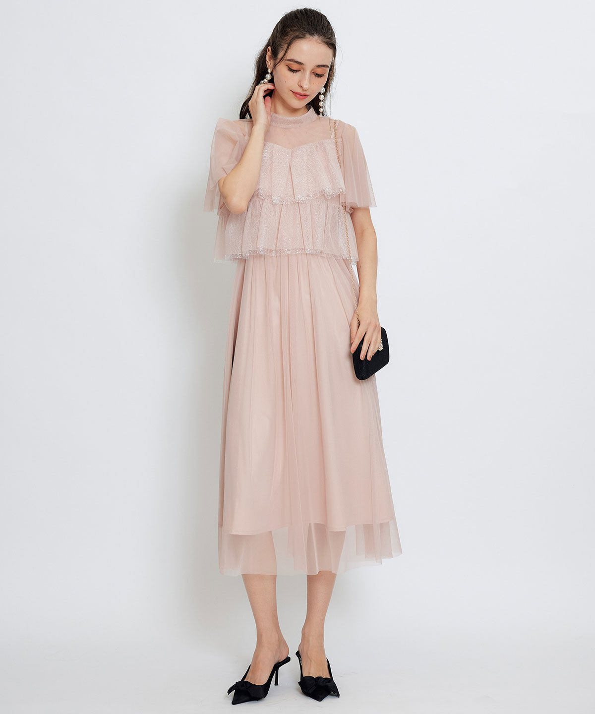 REDYAZEL「チュールレースティアードトップス&times;キャミソールフレアロングドレス」|ドレス|