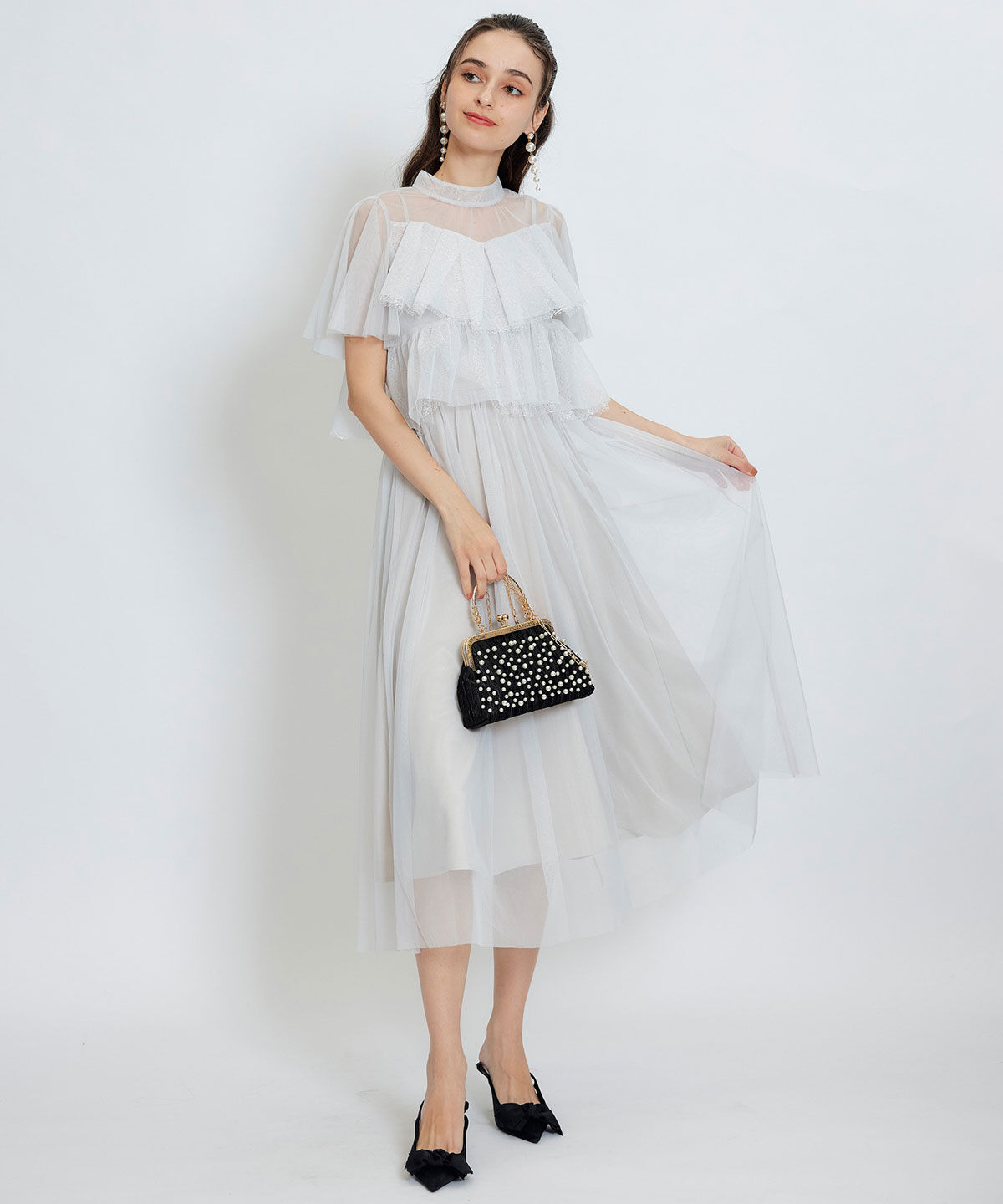 REDYAZEL「チュールレースティアードトップス&times;キャミソールフレアロングドレス」|ドレス|