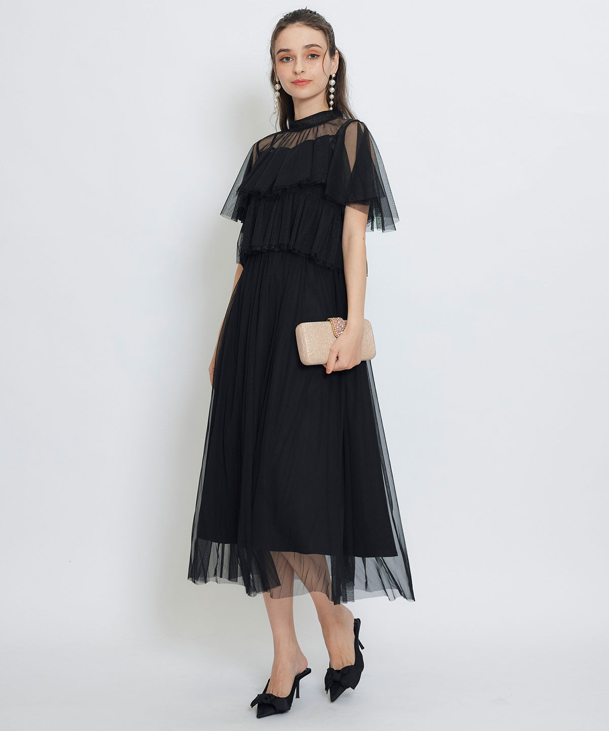 REDYAZEL「チュールレースティアードトップス&times;キャミソールフレアロングドレス」|ドレス|