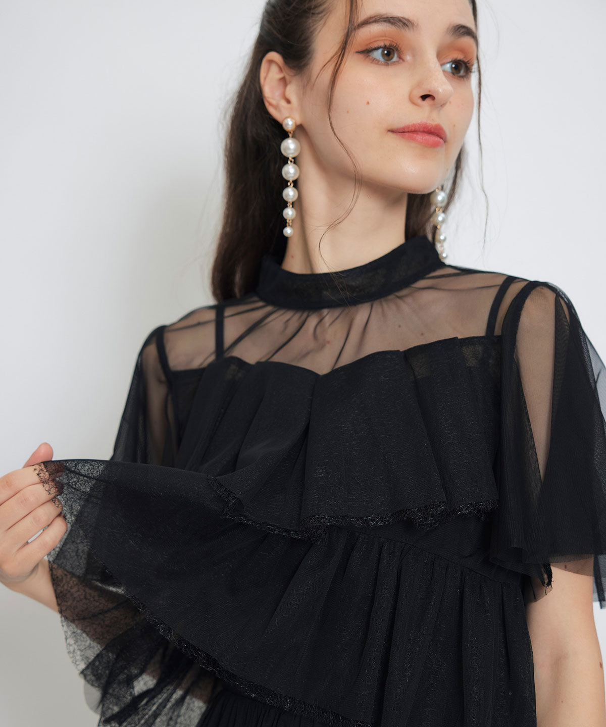 REDYAZEL「チュールレースティアードトップス&times;キャミソールフレアロングドレス」|ドレス|